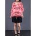 Handmade drawstring hem cotton tunics for women Sleeve red striped shirts summer