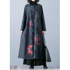 Fine black prints overcoat trendy plus size long jackets fall trench coats Chinese Button