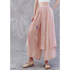 Plus Size Pink tie waistAsymmetrical Linen wide leg Pants Spring