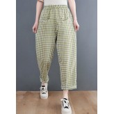 Plus Size Green Plaid elastic waist Plaid Linen Pants Spring