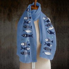 Women Solid Color Fishes Printing Pattern Linen Long Scarf Shawl Wrap Multi  purpose Elegant Neck Wrap Warm Scarf