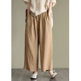 Loose Dark Khaki elastic waist drawstring Linen wide leg pants Spring