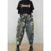 French Navy elastic waist drawstring pockets Print Denim Pants Spring