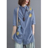 diy blue embroidery top silhouette lapel Midi shirts